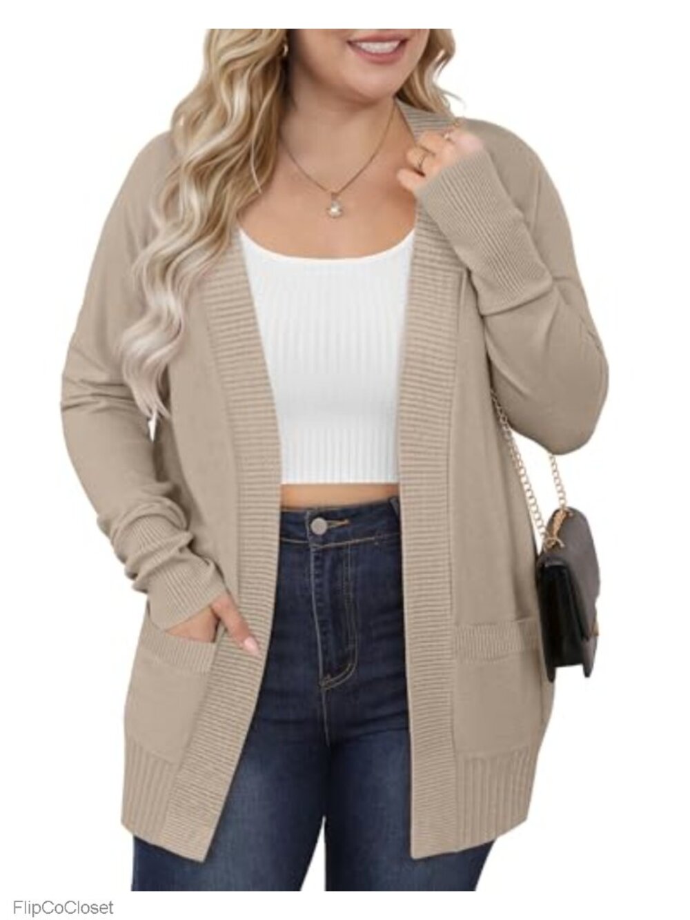 Plus Size Open Front Knit Cardigan Sweater with Pockets